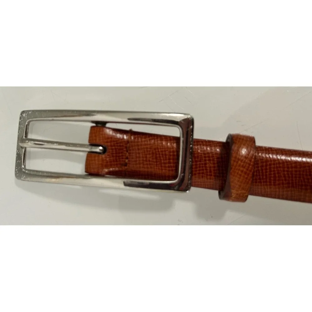 90 Ellen Tracy Italian Calfskin Skinny Leather Belt XS Silver Rectangle Buckle